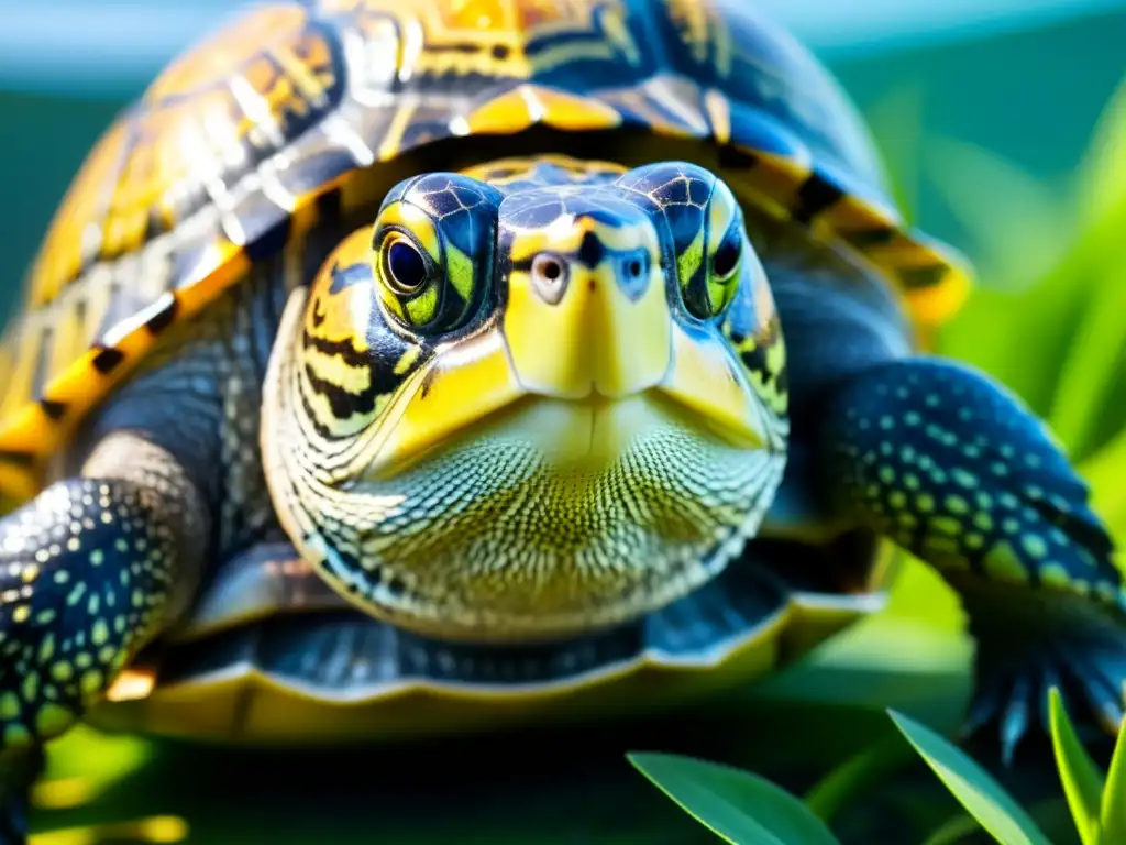 Una tortuga orejas rojas, especie invasora, nada en un ecosistema acuático, resaltando el impacto en la biodiversidad