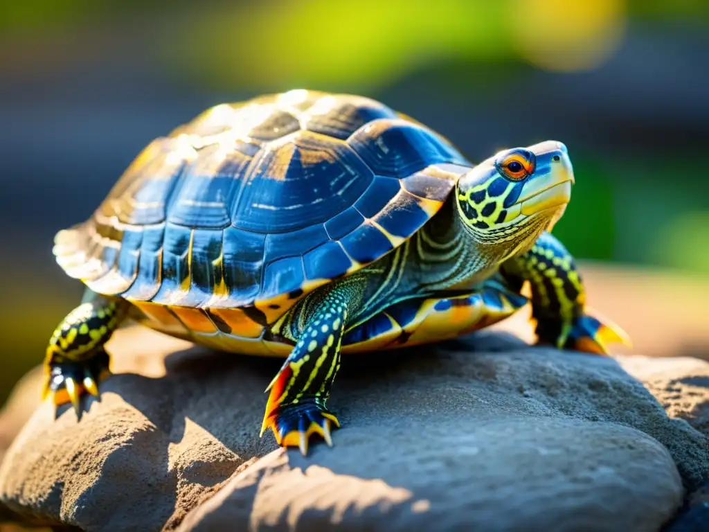 Una tortuga orejas rojas disfruta del sol en su caparazón brillante, absorbiendo los beneficios de la luz solar en su hábitat natural