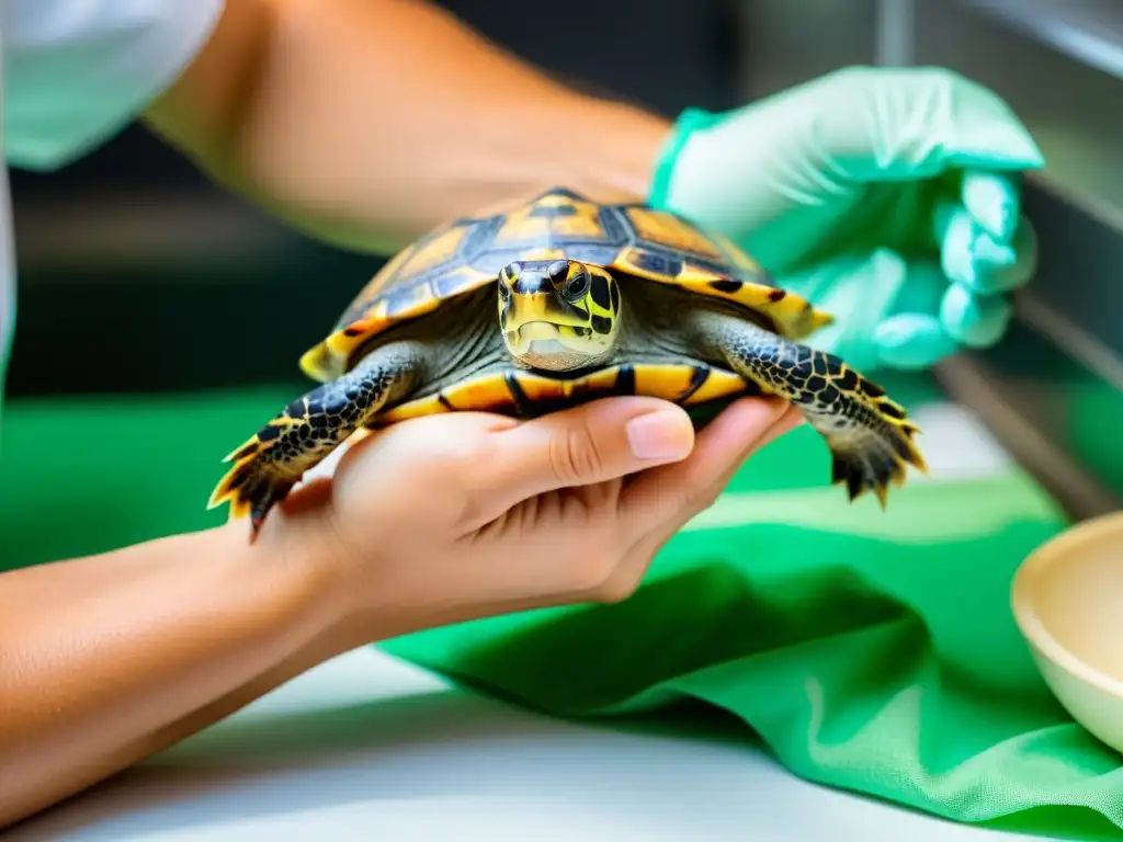 Una tortuga sana y cuidada recibe examen veterinario