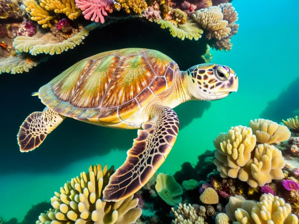 Una tortuga marina solitaria navega entre un vibrante arrecife de coral, ilustrando la supervivencia de los reptiles en ecosistemas en peligro