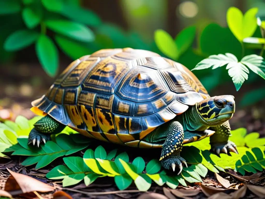 Una tortuga de tierra camina en un bosque vibrante, con su caparazón y piel detallados