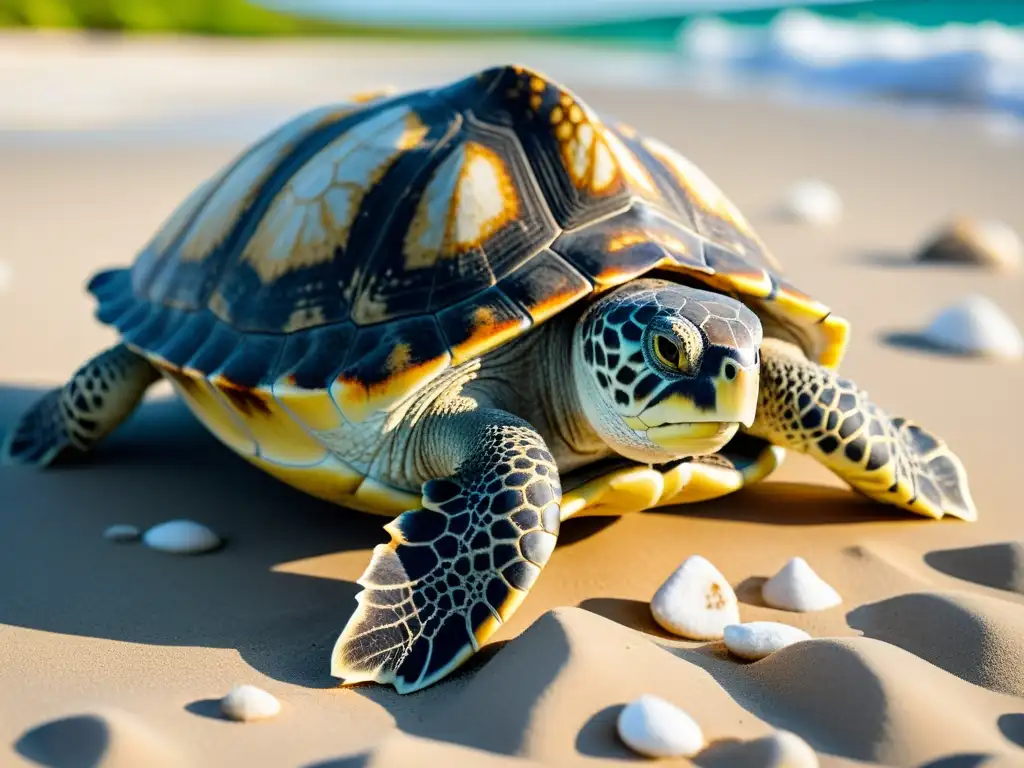 Una tortuga marina varada y agotada en una playa desolada, su caparazón blanqueado refleja la lucha por sobrevivir