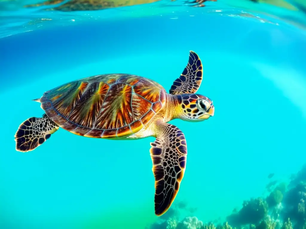 Una tortuga marina verde nada elegantemente en aguas cristalinas, rodeada de arrecifes de coral y vida marina