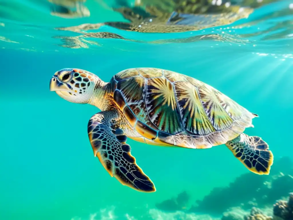 Una tortuga marina verde nada con gracia en aguas turquesas cristalinas, mostrando sus patrones en caparazón