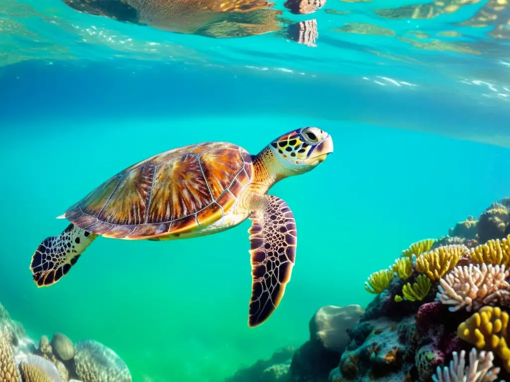 Una tortuga marina verde nada grácilmente entre corales y peces tropicales en su hábitat natural