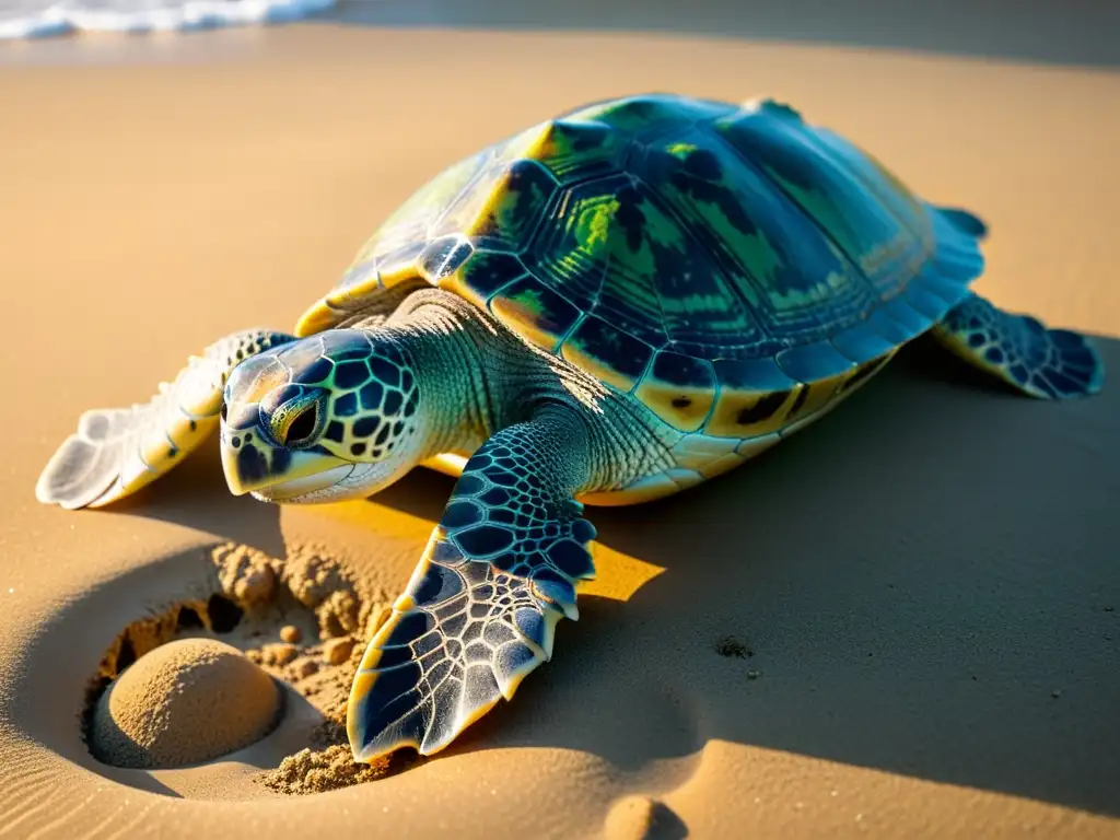 Una tortuga verde hembra escava cuidadosamente en la arena para anidar, mostrando cuidado parental en reptiles y anfibios