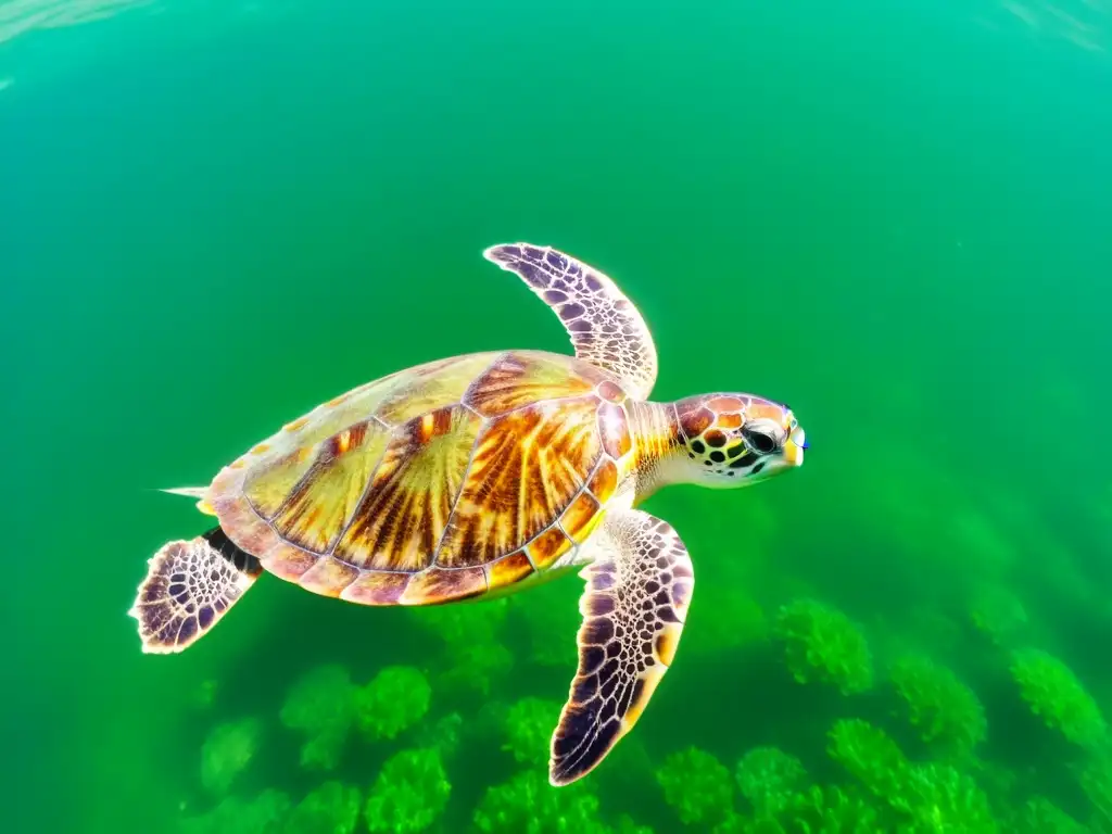 Una tortuga verde nada graciosamente en el agua clara, mostrando sus patrones en caparazón