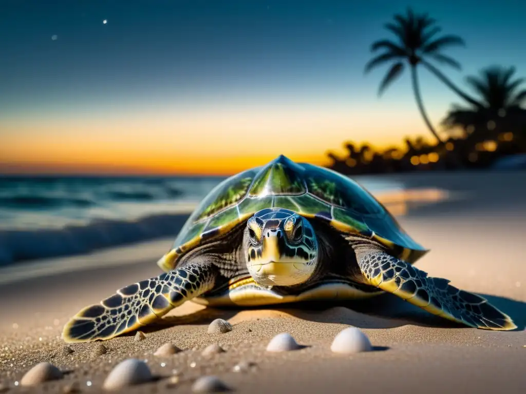 Una tortuga marina verde emerge del océano en una playa iluminada por la luna para anidar