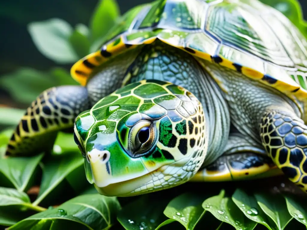 Una tortuga verde vibrante come hojas verdes mientras las gotas de agua brillan en su caparazón