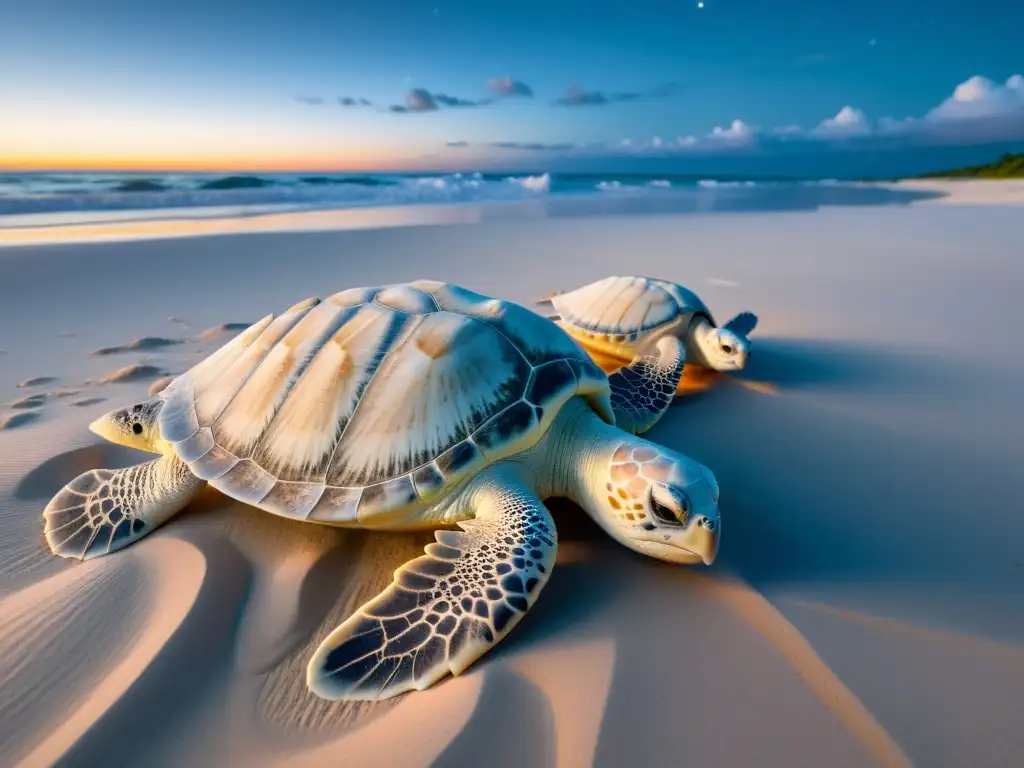 Tortugas albinas anidando en la playa bajo la luna Tortugas albino cuidando y conservación en la playa de arena blanca bajo la luna