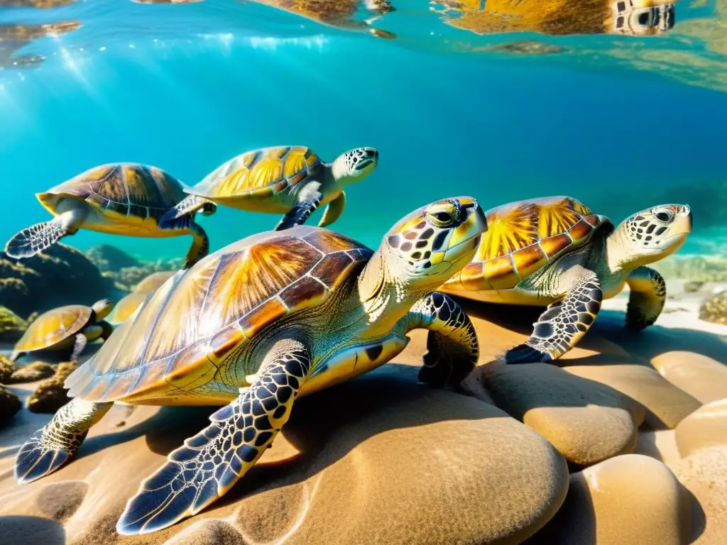 Tortugas disfrutando de los beneficios de la luz solar en una costa rocosa, bajo el resplandor radiante del sol