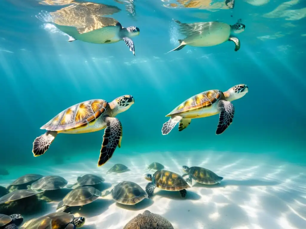 Tortugas marinas en rutas migratorias, nadando en aguas cristalinas bajo el sol, capturando su elegancia y misterio