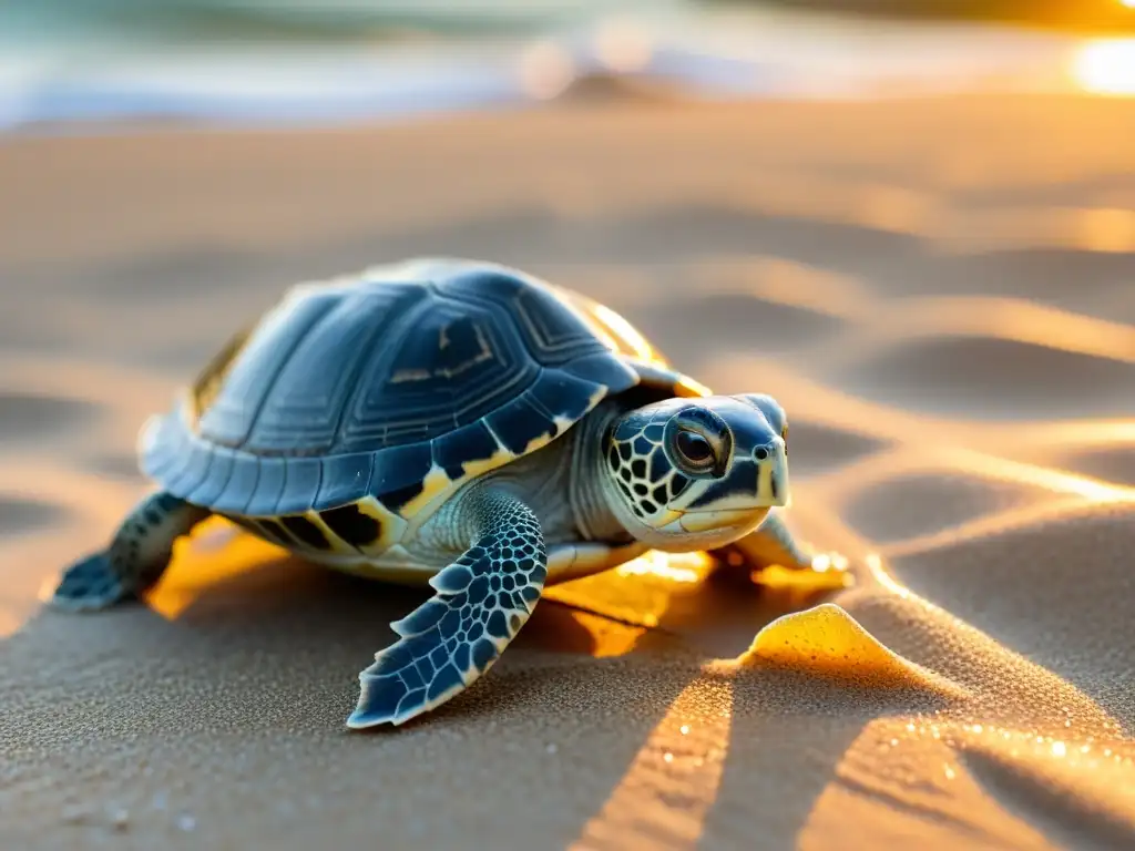 Tortuguita luchando en playa contaminada al atardecer, reflejando amenazas a la supervivencia de reptiles