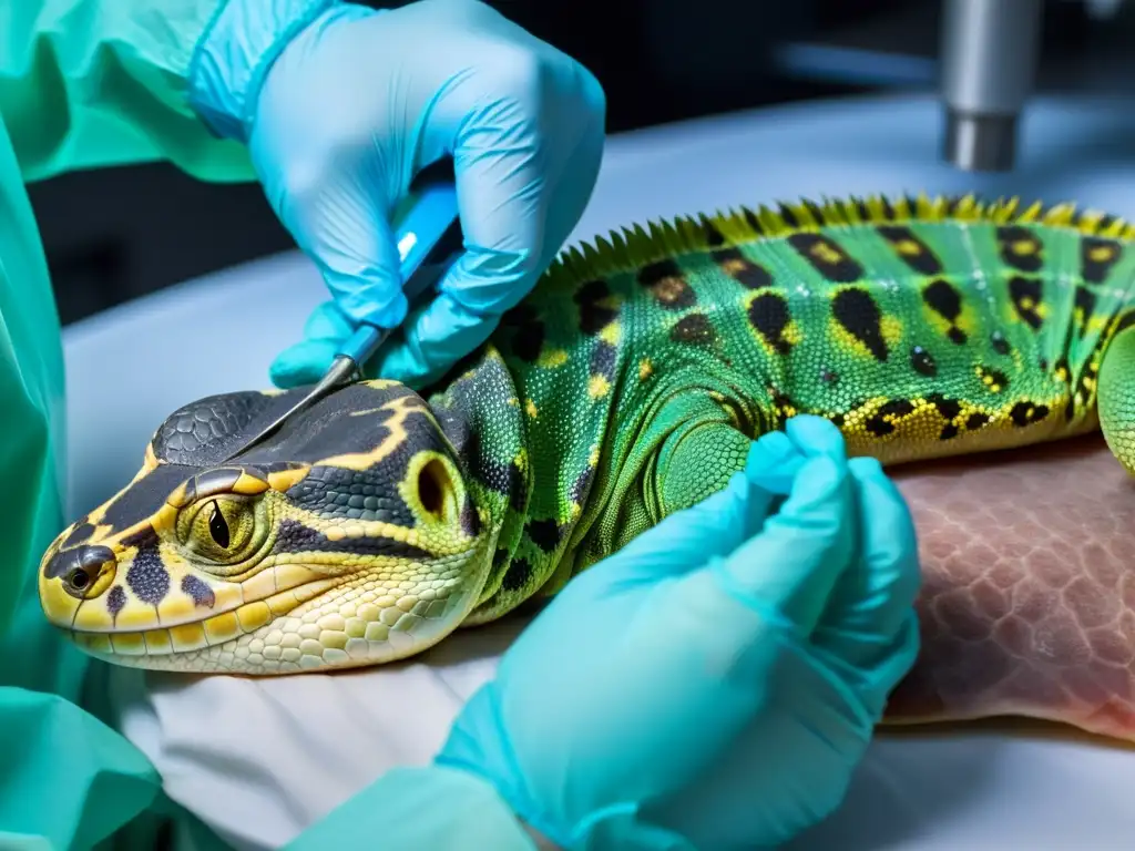 Tratamientos quirúrgicos para infecciones cutáneas en reptiles: detalle de cirugía y escamas durante el procedimiento