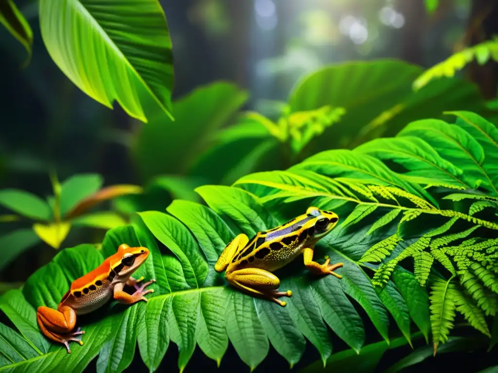 Hábitats únicos: reptiles y anfibios camuflados entre exuberante vegetación del bosque tropical, con texturas y patrones sorprendentes