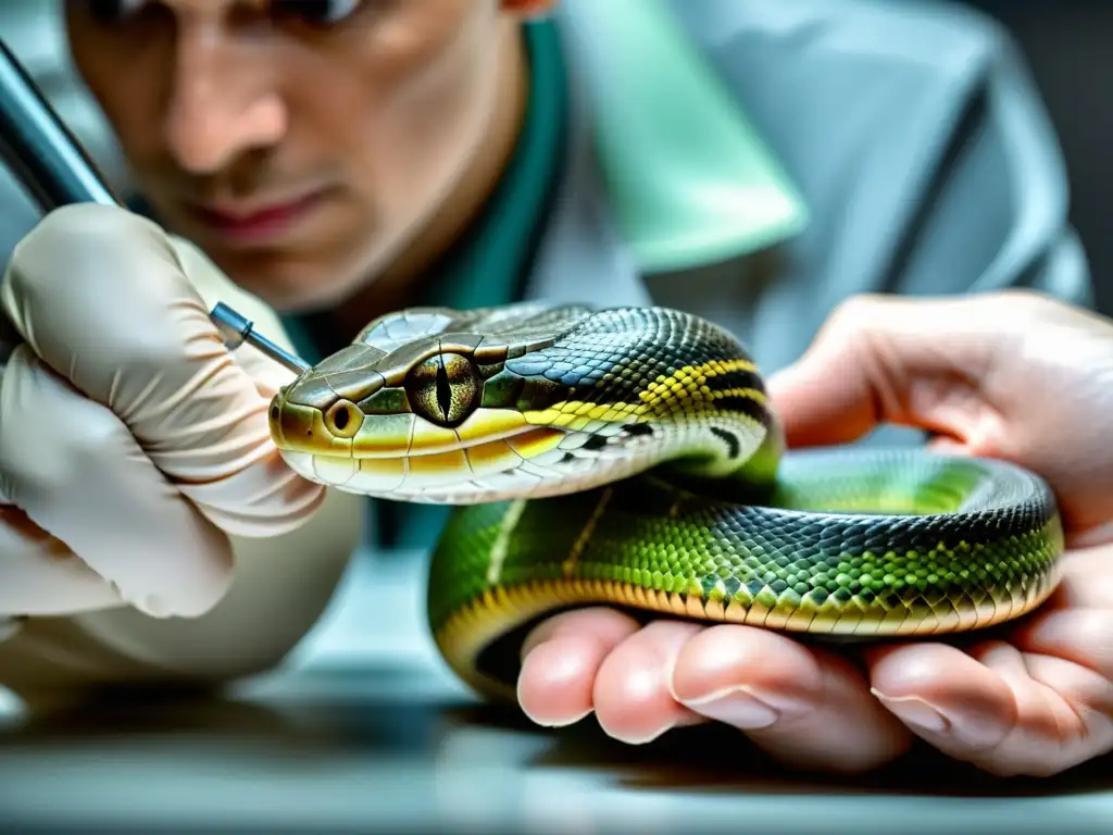 Veterinario de reptiles administrando vacuna con precisión Veterinario aplica vacuna a serpiente, reflejando cuidado y precisión en la prevención de enfermedades reptiles vacunas