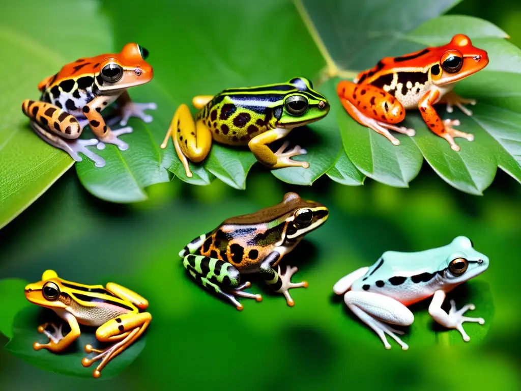 Una variedad de anfibios exhibiendo camuflaje y coloración aposemática en su entorno natural