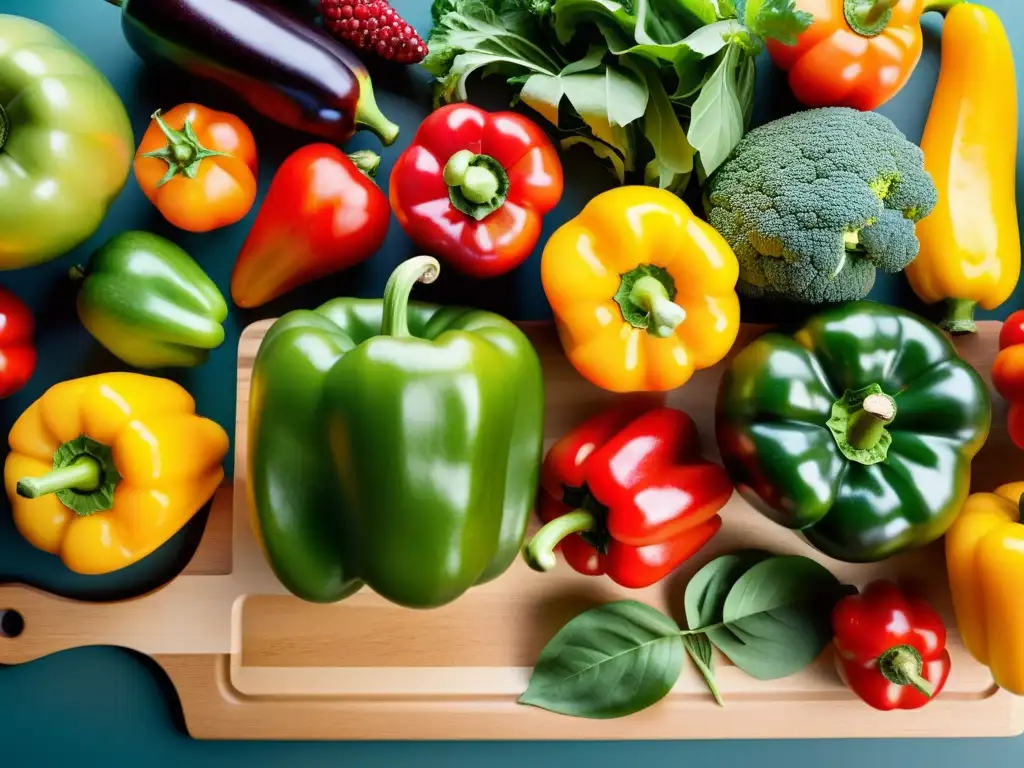 Una variedad de frutas y verduras frescas en tabla de cortar de madera