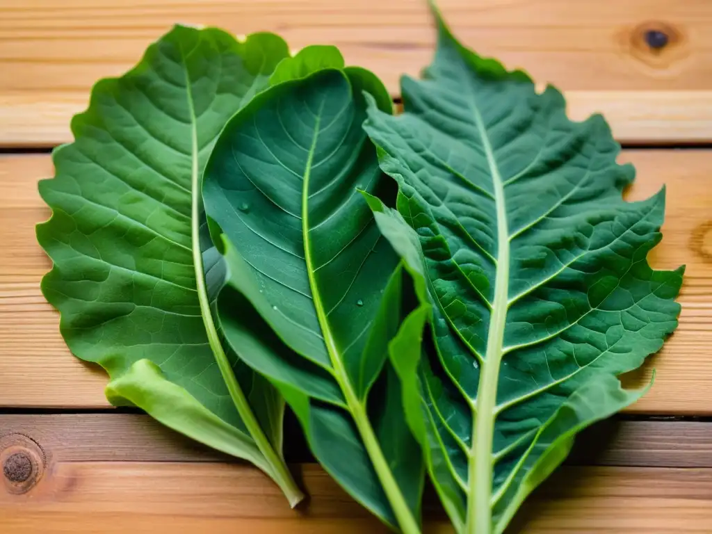 Una variedad de hojas verdes para reptiles, como coles, mostaza y diente de león, dispuestas sobre madera