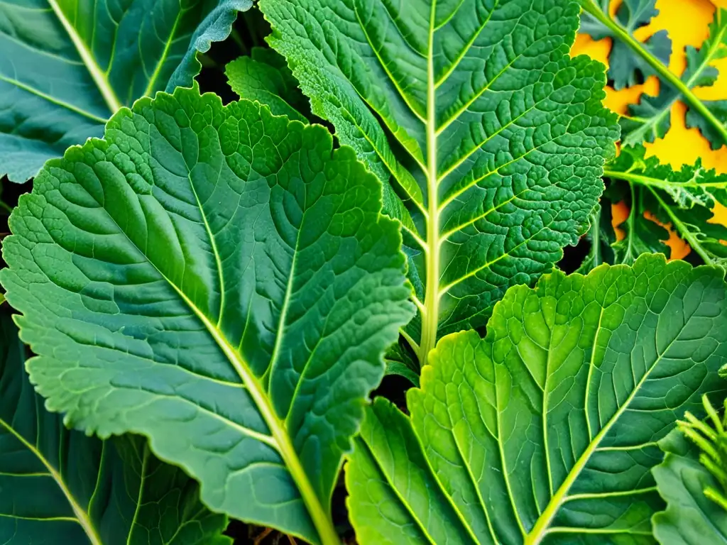 Una variedad de hojas verdes, como col rizada, berros y mostaza, en un primer plano detallado