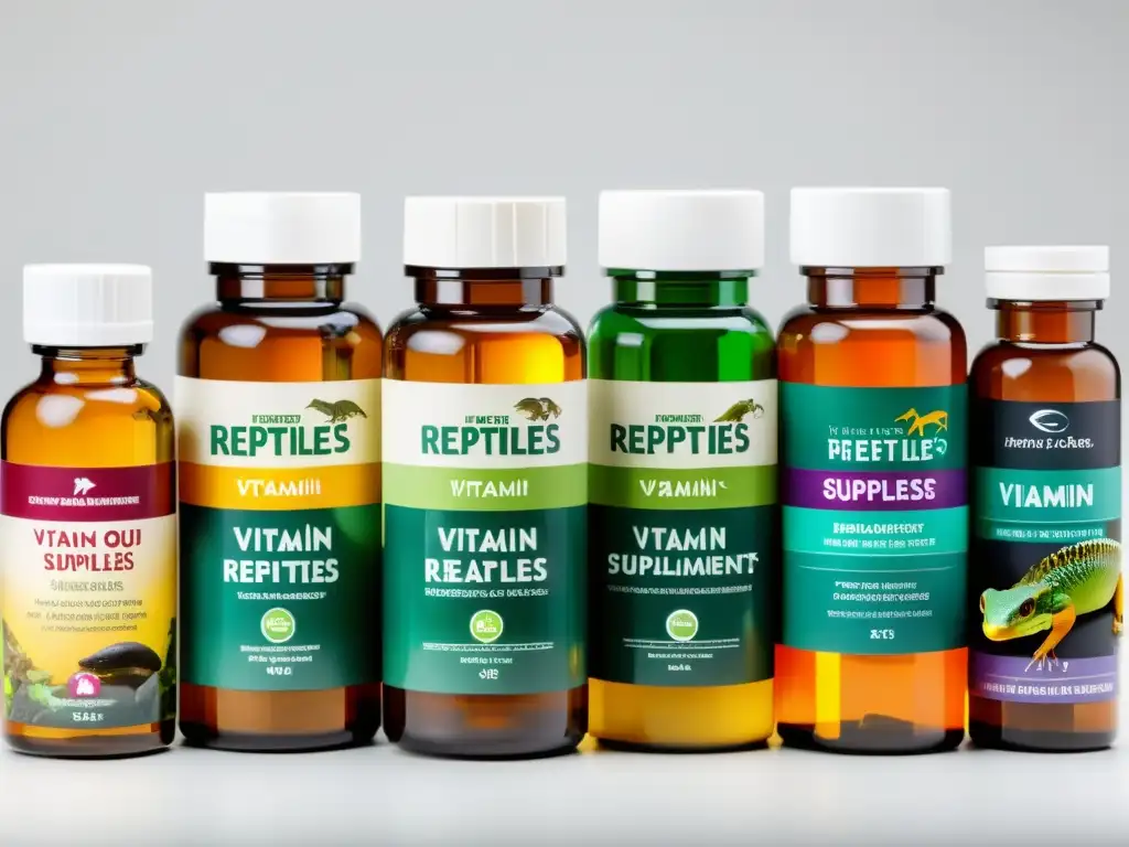 Suplementos de vitaminas para reptiles: salud óptima Una variedad de suplementos vitamínicos y minerales para lagartos, resaltando su importancia en las mejores dietas y suplementos para lagartos