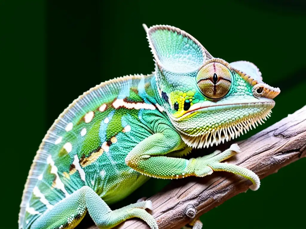 Un camaleón velado en un árbol, mostrando sus escamas patrón y casco único