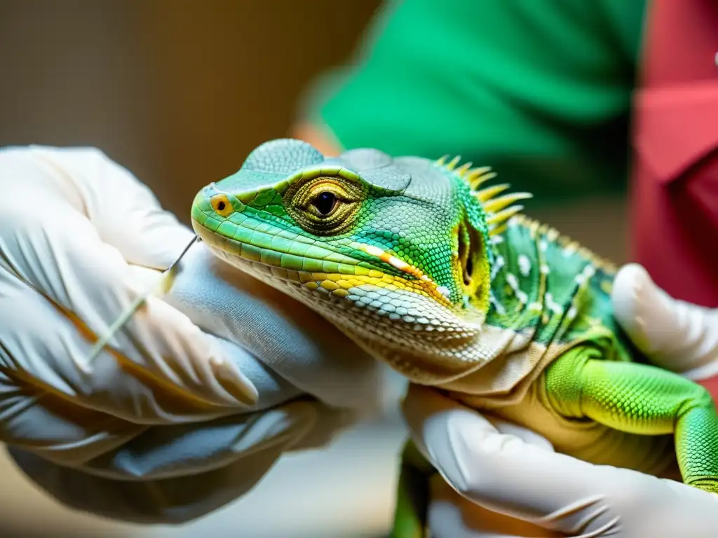 Veterinario cuida las vendas de una lagartija recuperándose, resaltando cuidados postoperatorios reptiles recuperación exitosa