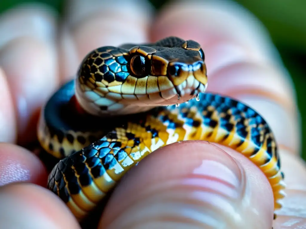 Veneno de serpiente inyectándose en la piel de una mano humana con signos de inflamación