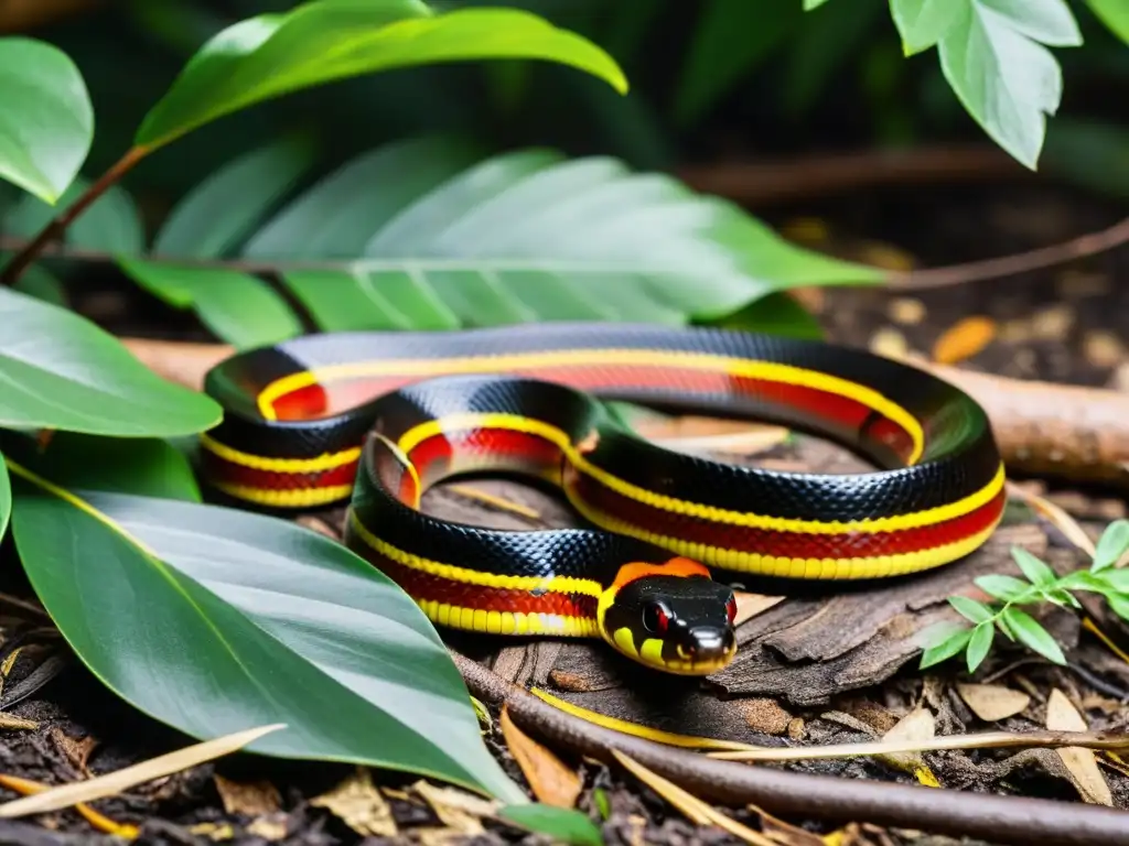 Venenosa serpiente coral roja, negra y amarilla en el bosque