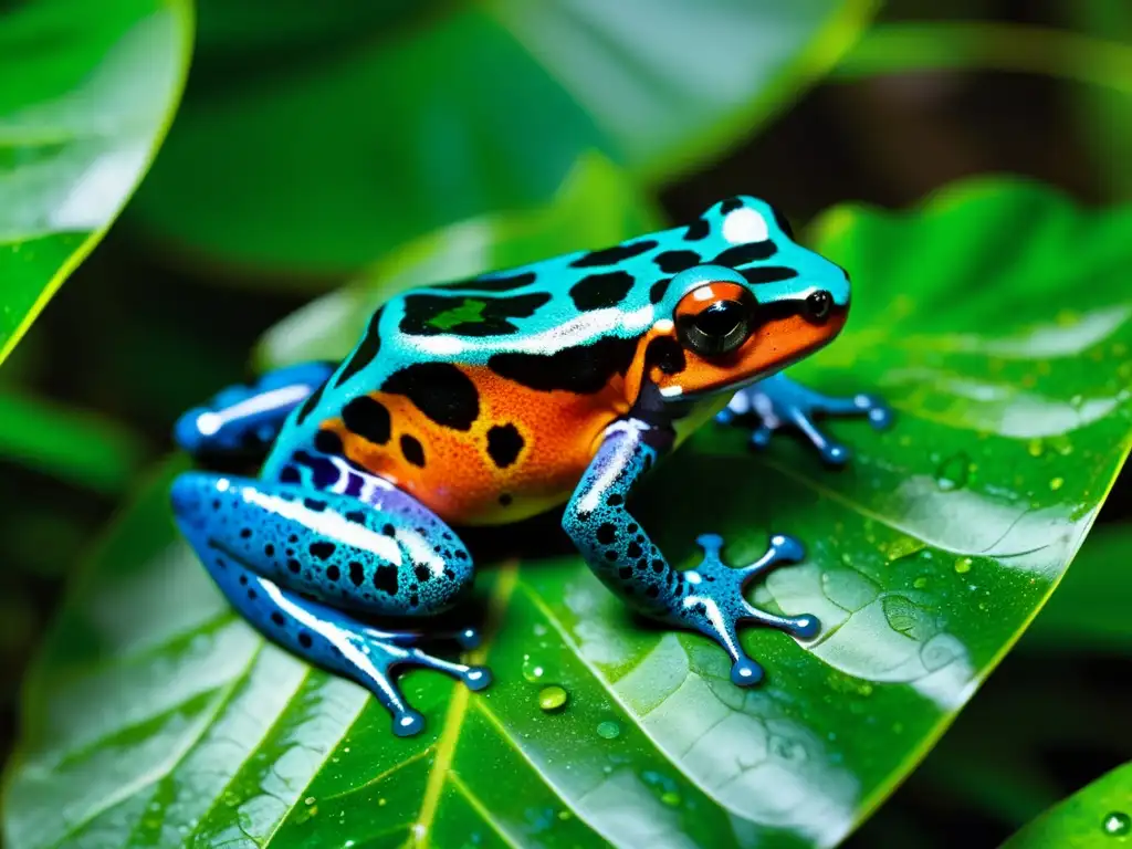 Un venenoso y colorido anfibio se camufla en la exuberante selva lluviosa, mostrando sus brillantes colores de advertencia