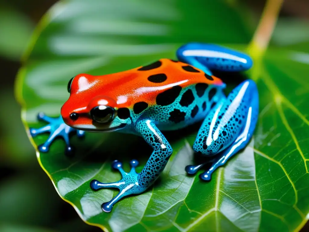 Un venenoso y vibrante anfibio, la rana dardo, aferrándose a una hoja en la selva tropical