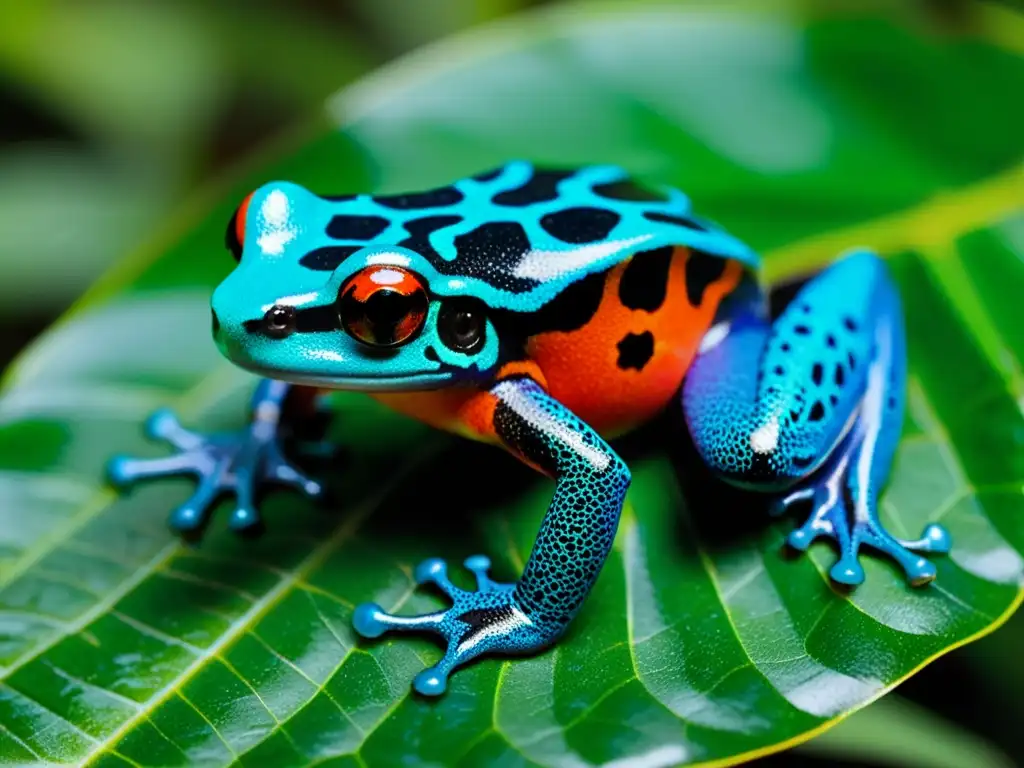 Un venenoso y vibrante dardo de rana muestra sus patrones y colores excepcionales, destacándose en la exuberante vegetación