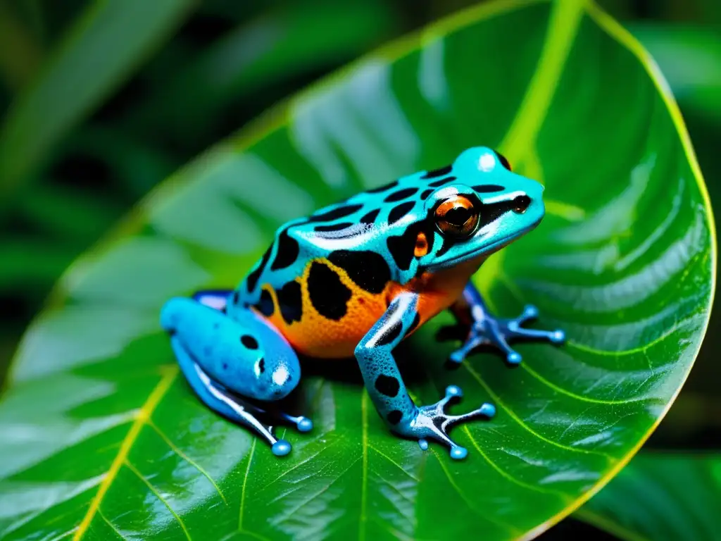 Un venenoso y vibrante sapo flecha en una hoja de exuberante selva tropical