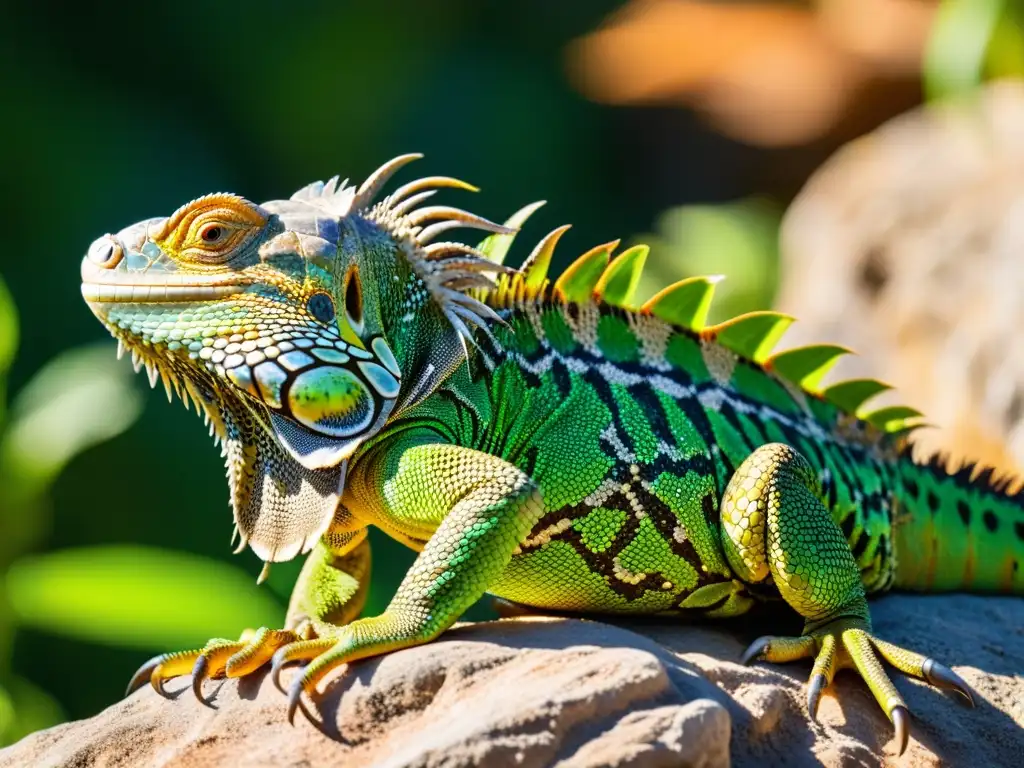 Bella iguana verde disfrutando de los beneficios de la luz solar en su hábitat natural entre plantas nativas