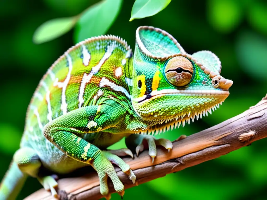 Un camaleón verde cautivante en su entorno natural, con escamas iridiscentes y ojos alertas