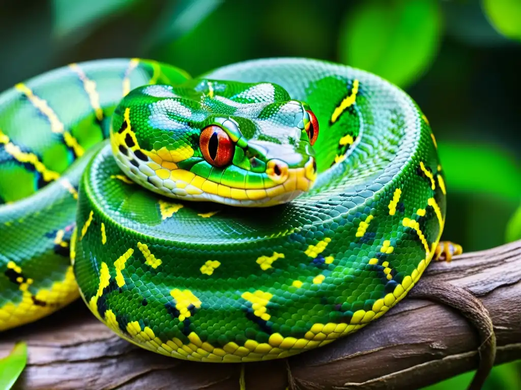 Una pitón verde enroscada en una enredadera en la selva, muestra la simbiosis defensiva en reptiles con sus escamas vibrantes y ojos penetrantes