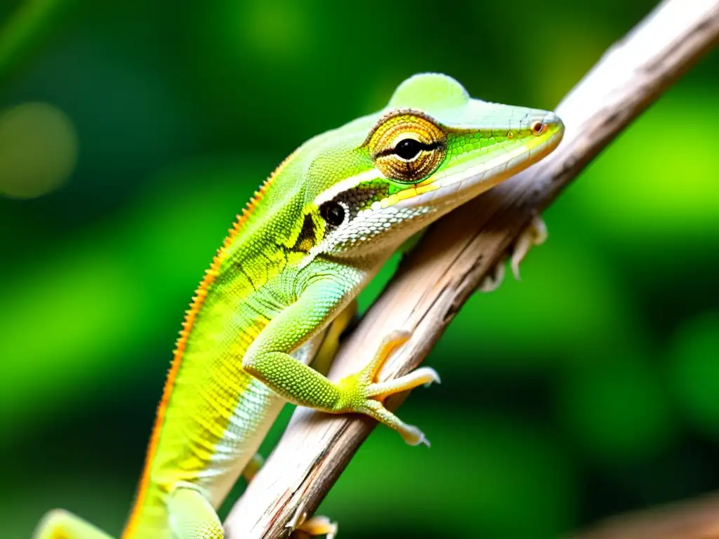 Un anolis verde contempla su entorno, mostrando la asombrosa complejidad de los reptiles