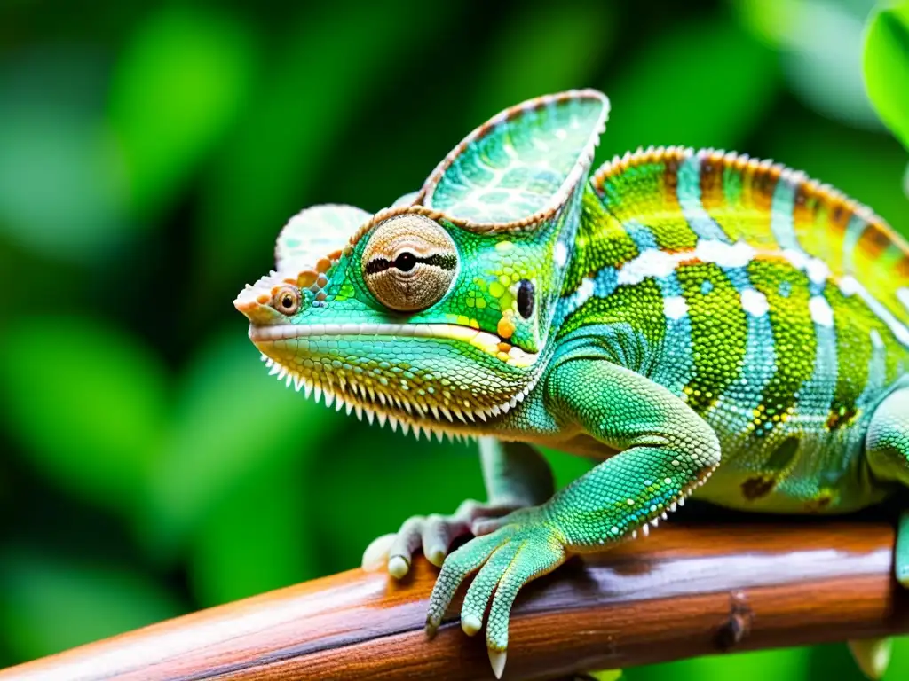 Un camaleón verde se mimetiza en la exuberante vegetación de la selva tropical, mostrando sus estrategias de escape para evadir peligro