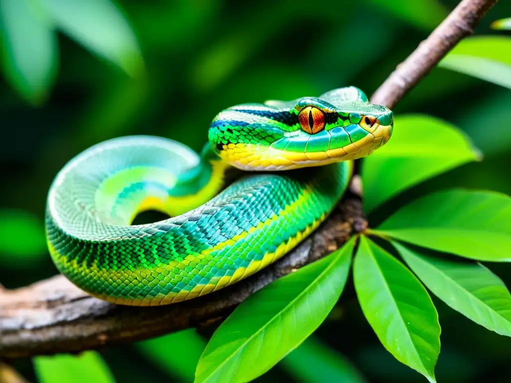 Una viper verde en su hábitat natural, resaltando su peligrosa belleza y la importancia de la conservación de reptiles venenosos ecosistemas