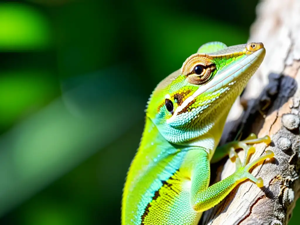 Un anolis verde en su hábitat natural en la selva tropical