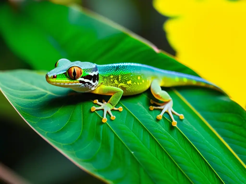 Un gecko verde iridiscente descansa en una hoja en la selva tropical, mostrando la belleza de los lagartos exóticos especies raras