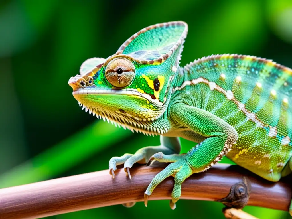 Un camaleón verde iridiscente captura un insecto con su lengua extendida, demostrando su alimentación y coloración en reptiles