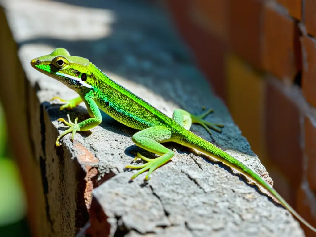 Un anolis verde se adapta a un muro urbano, destacando la belleza y la resiliencia de los reptiles en la ciudad