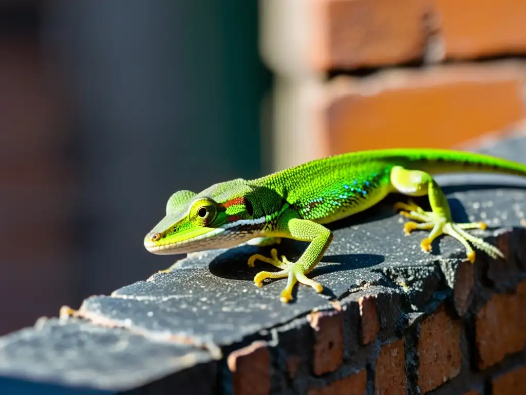 Un anolis verde se camufla hábilmente en una pared urbana, descubriendo reptiles en hábitats urbanos