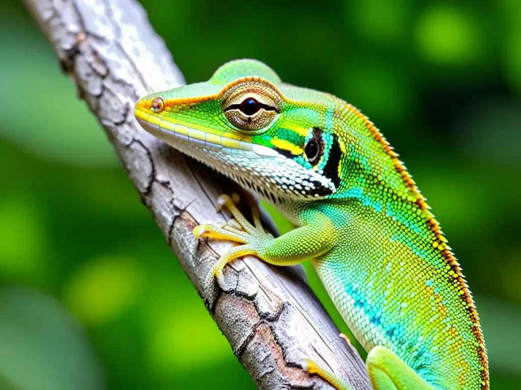 Un anolis verde en primer plano aferrándose a una rama, con escamas detalladas y coloración vívida