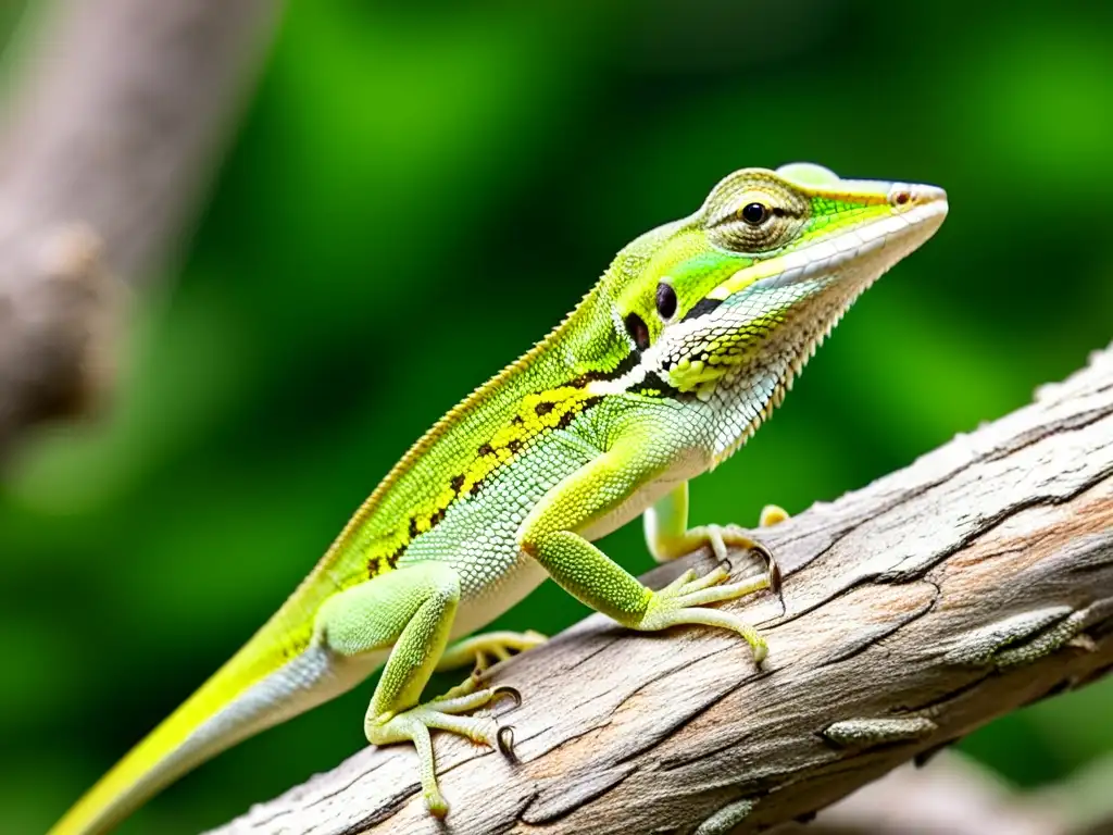 Un anolis verde en una rama, con detalle en las escamas y ojo alerta