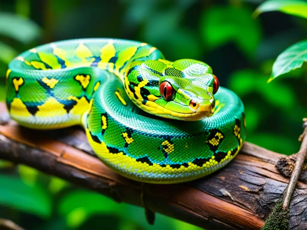 Expedición fotográfica: serpiente pitón verde en la selva, mostrando sus vibrantes escamas y mirada intensa