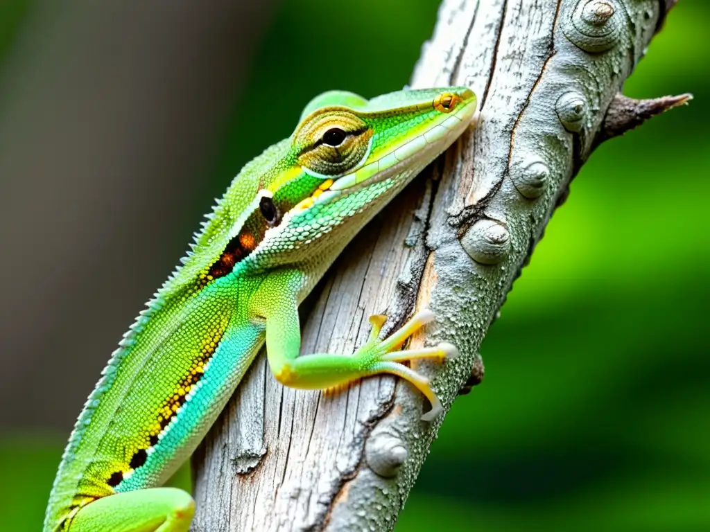 Un anolis verde marcando su territorio en una rama