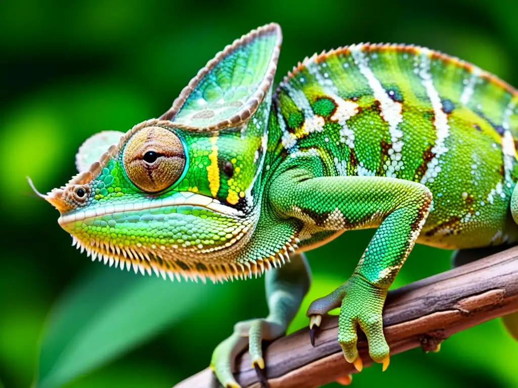 Un camaleón verde vibrante capturado en detalle, con su lengua extendida atrapando un insecto