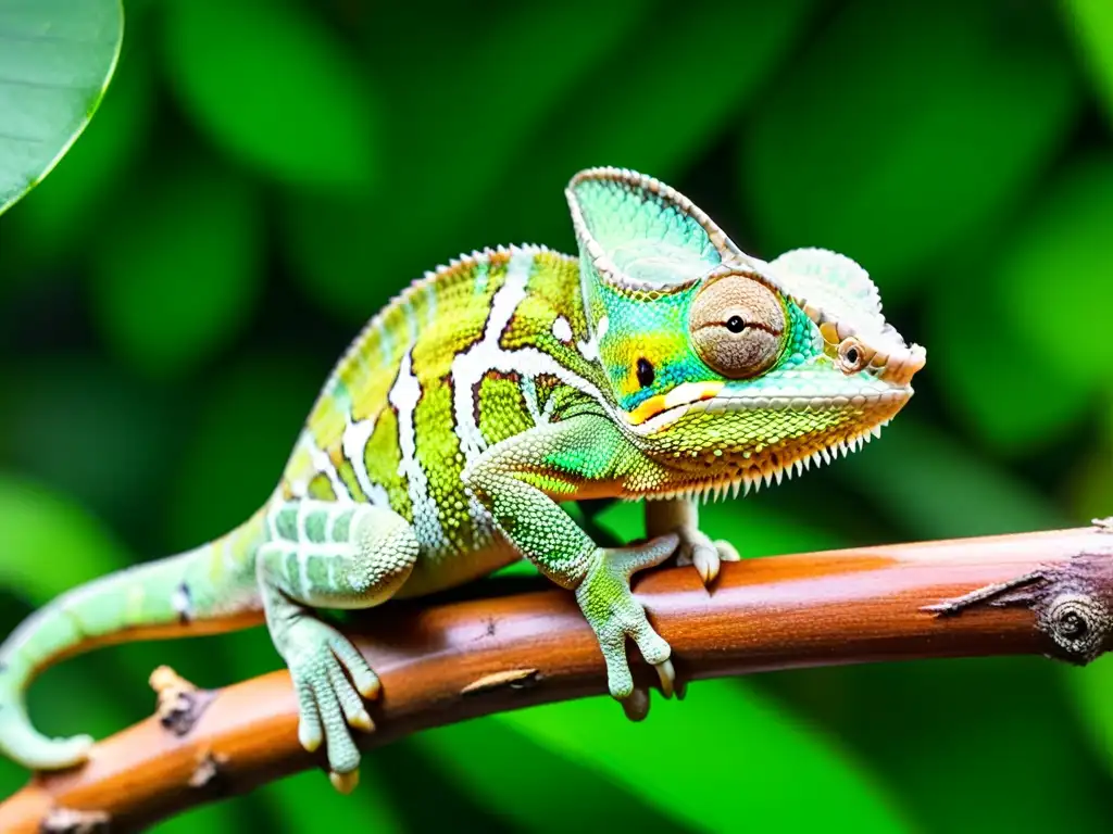 Un camaleón verde vibrante, detallado y expresivo, se camufla en la exuberante selva tropical